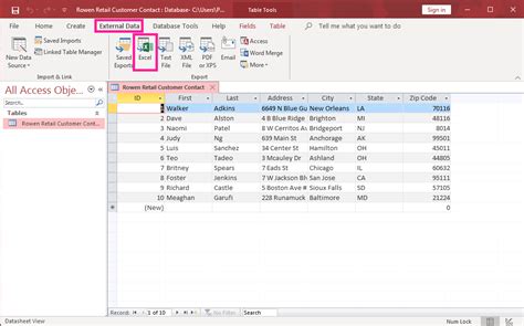 how to export from excel to access.